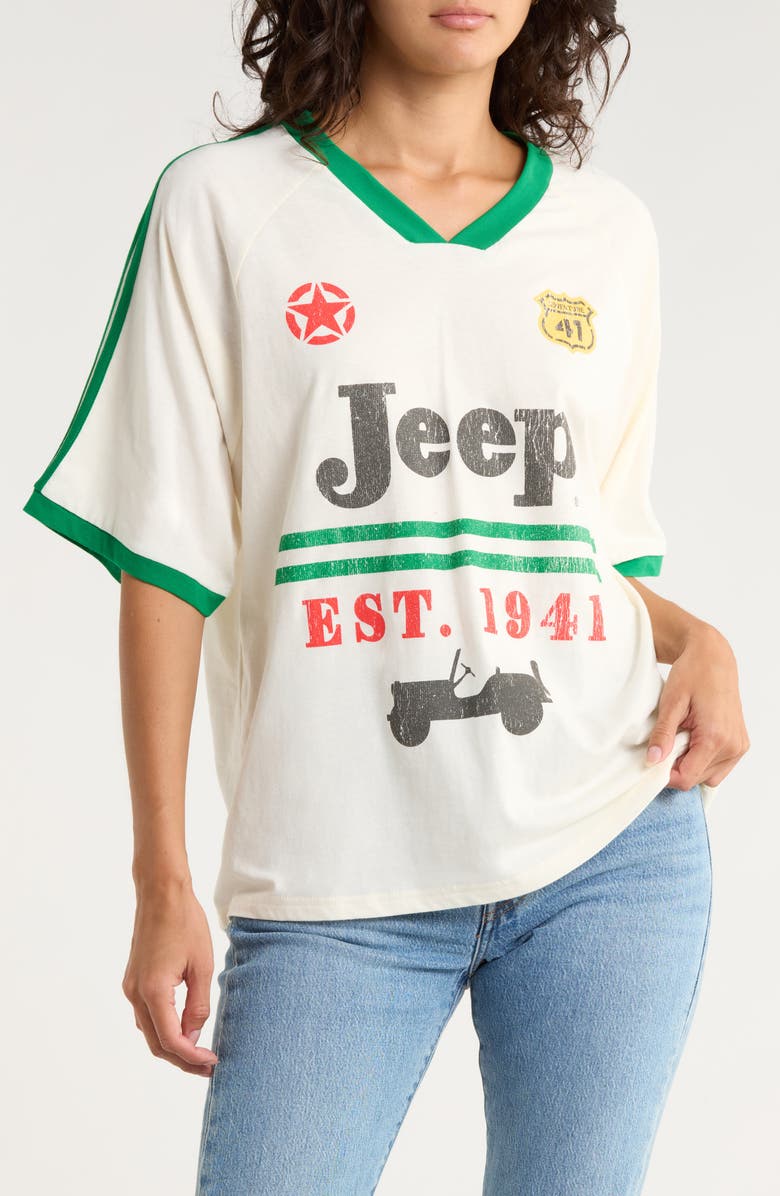 Goodie Two Sleeves Jeep Stripes Est. 1941 V-Neck T-Shirt, Main, color, White
