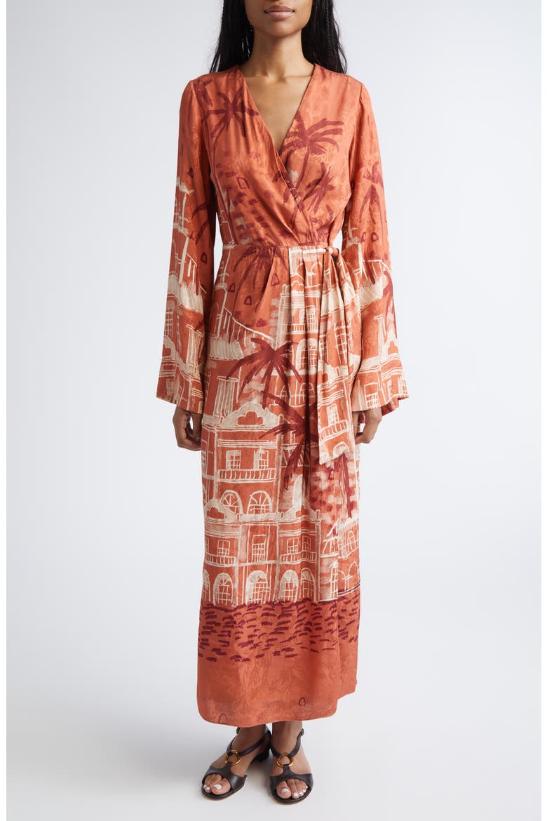 Ollantay Tropical Jacquard Long Sleeve Wrap Dress, Main, color, MARSALA / ECRU