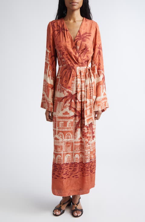 Ollantay Tropical Jacquard Long Sleeve Wrap Dress