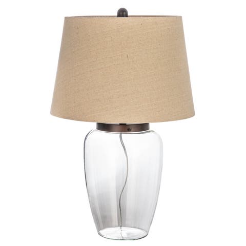 Fillable Glass Table Lamp with Linen Shade, Clear and White