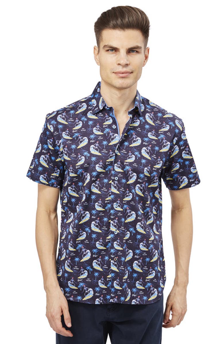 Luchiano Visconti Surfing Skeletons Short Sleeve Shirt, Main, color, Navy