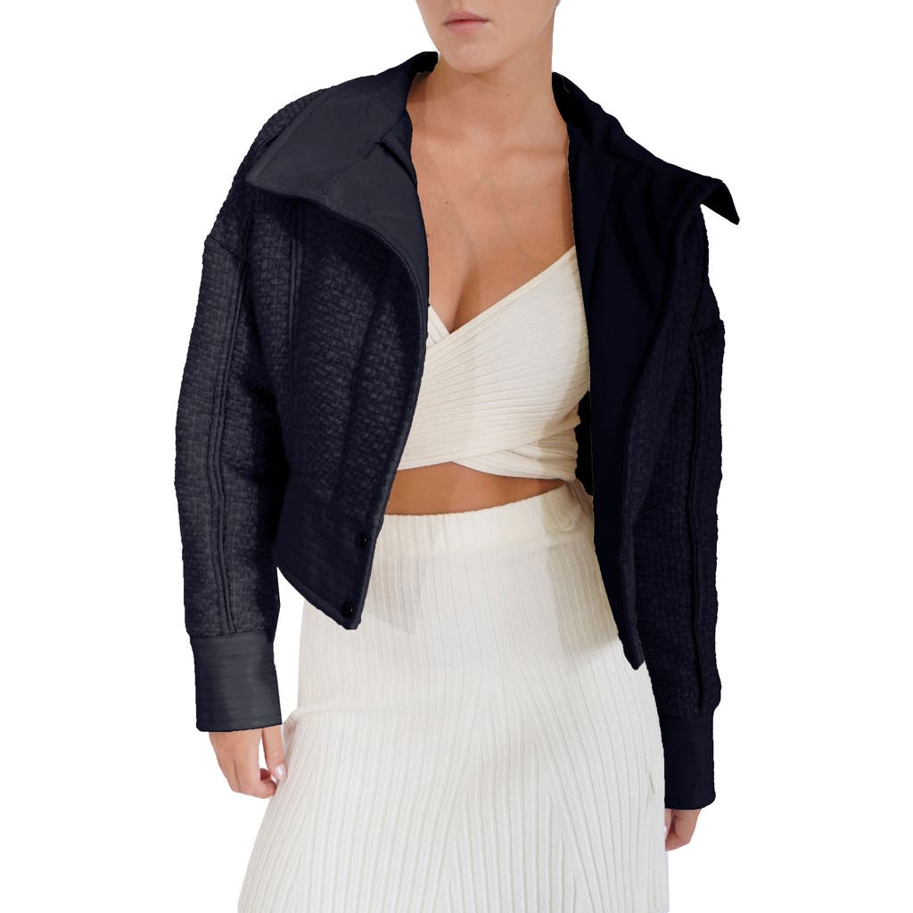 Belle & Bloom Mad Love Crop Bouclé Bomber Jacket In Navy