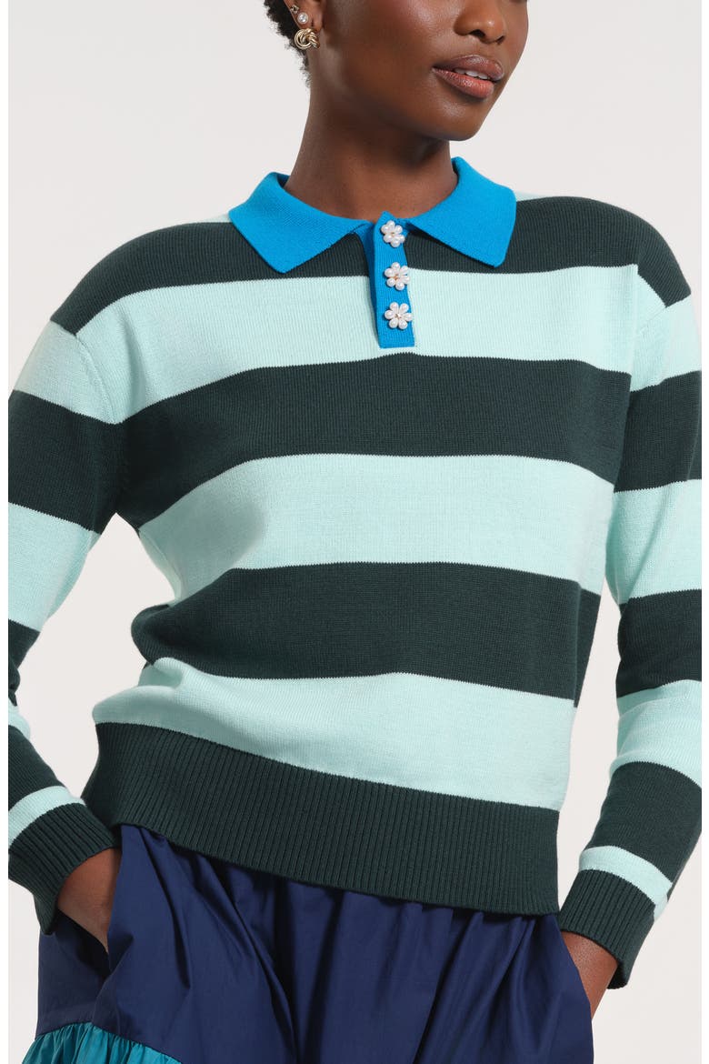 Floral Button Rugby Sweater, Main, color, TEAL/ MULTI