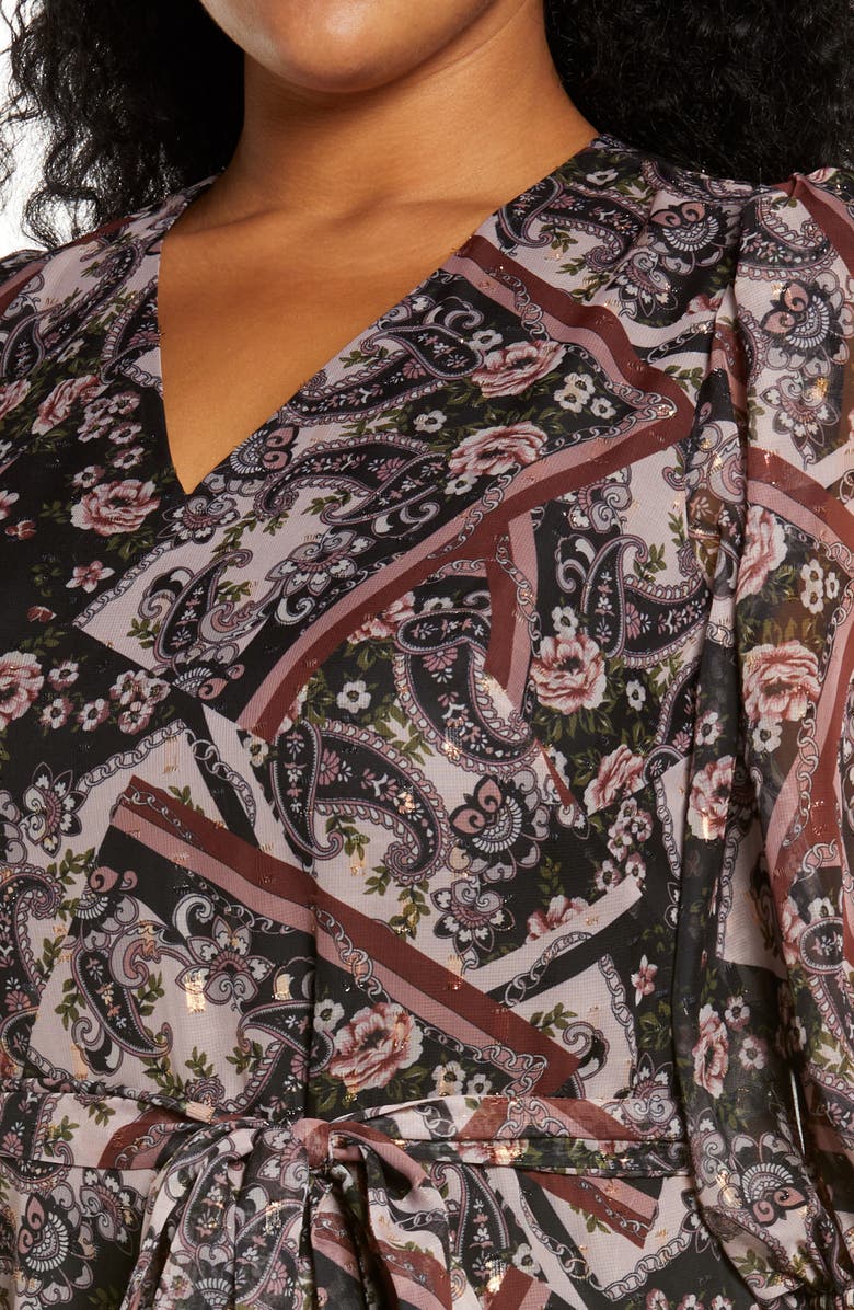 Eliza J Paisley Metallic Dot Chiffon High-Low Dress, Alternate, color, Mauve