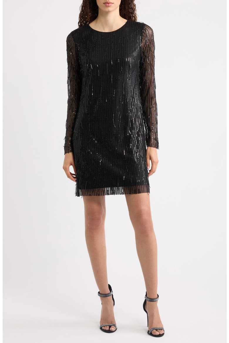 Fringe Sequin Long Sleeve Dress, Main, color, BLACK