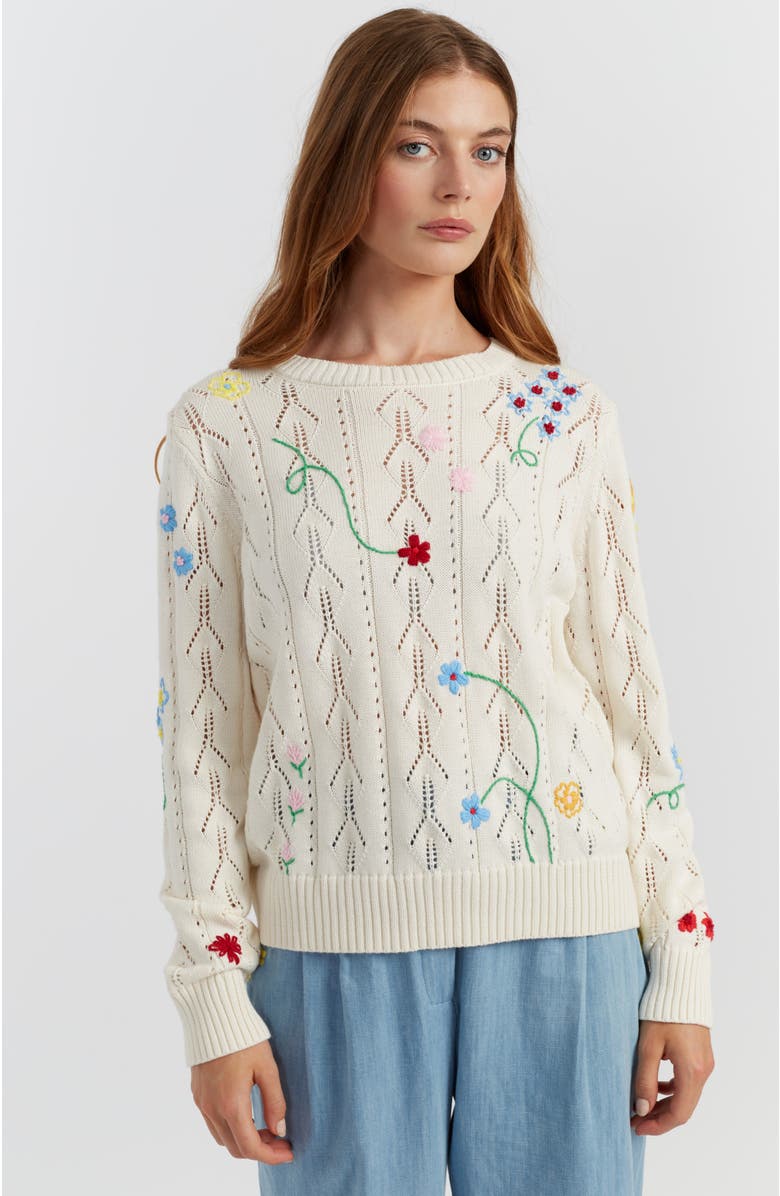 Chinti & Parker Hand-Embroidered Floral Cotton Sweater, Main, color, Cream