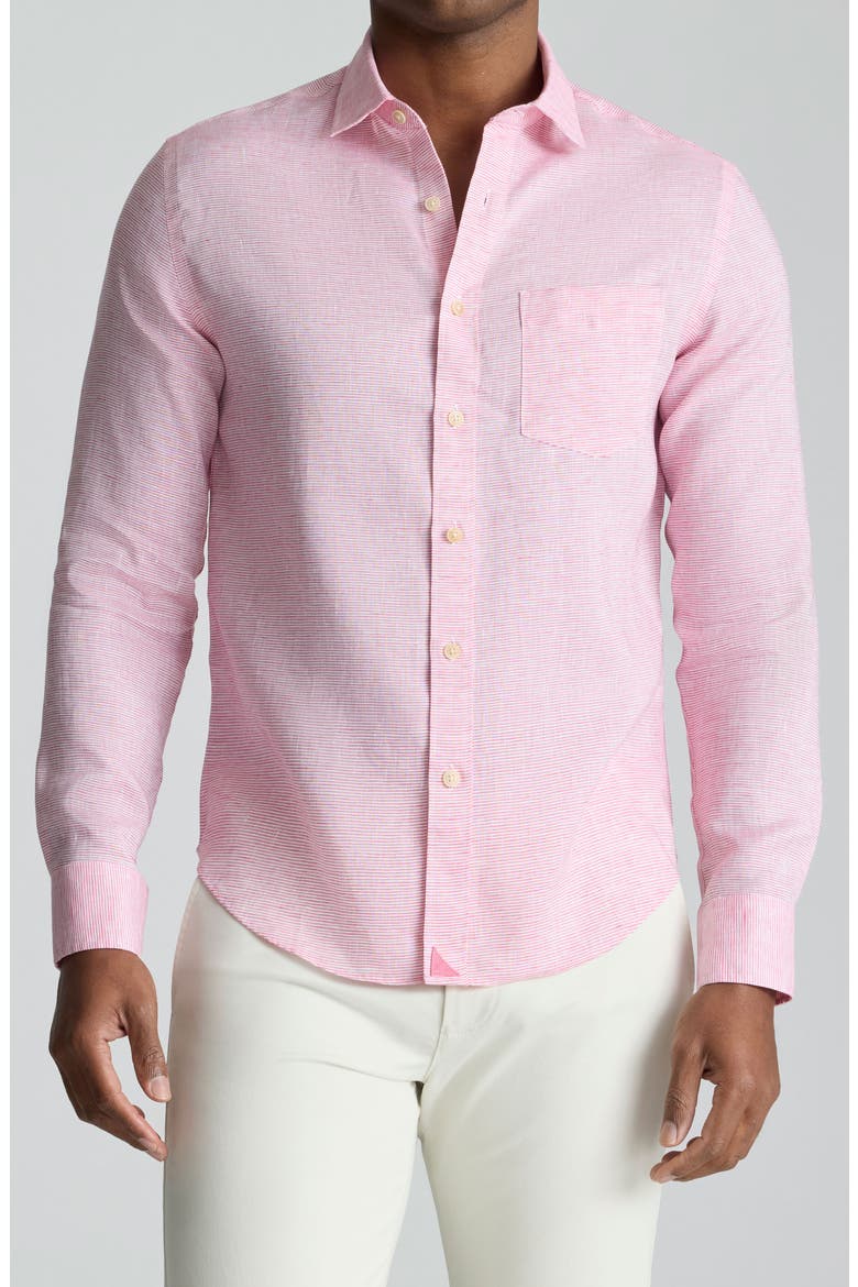 Stripe Wrinkle Resistant Linen Button-Up Shirt, Main, color, PINK