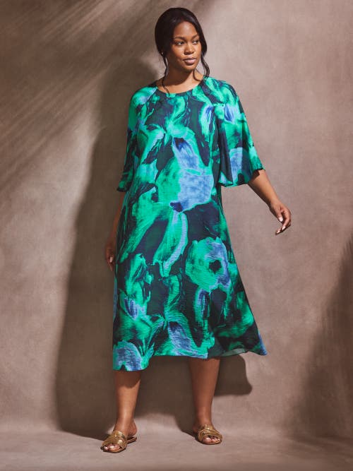 Live Unlimited Abstract Print Flutter Sleeve Midi Dress In Green
