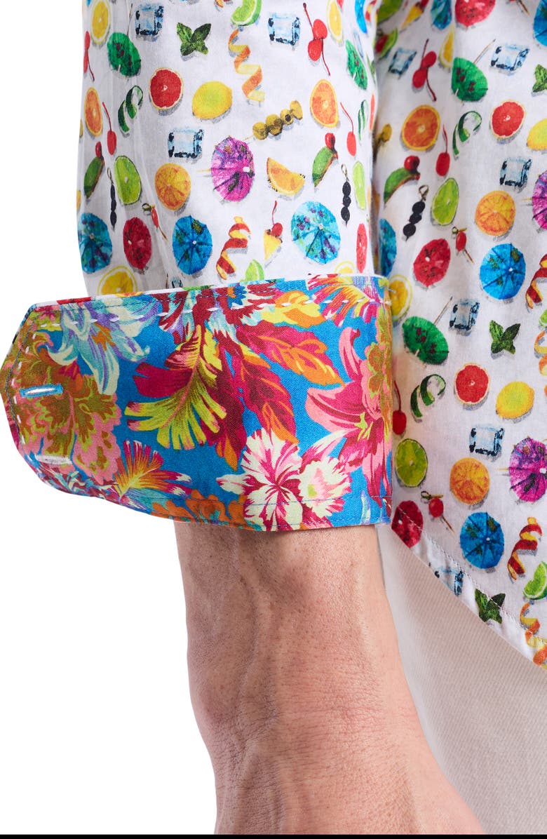 Robert Graham Garnish Print Stretch Cotton Button-Up Shirt, Alternate, color, White Multi