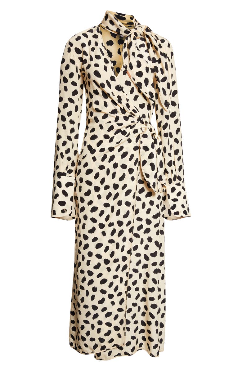 Johanna Ortiz Ollantay Print Long Sleeve Silk Wrap Dress, Alternate, color, Ecru / Black