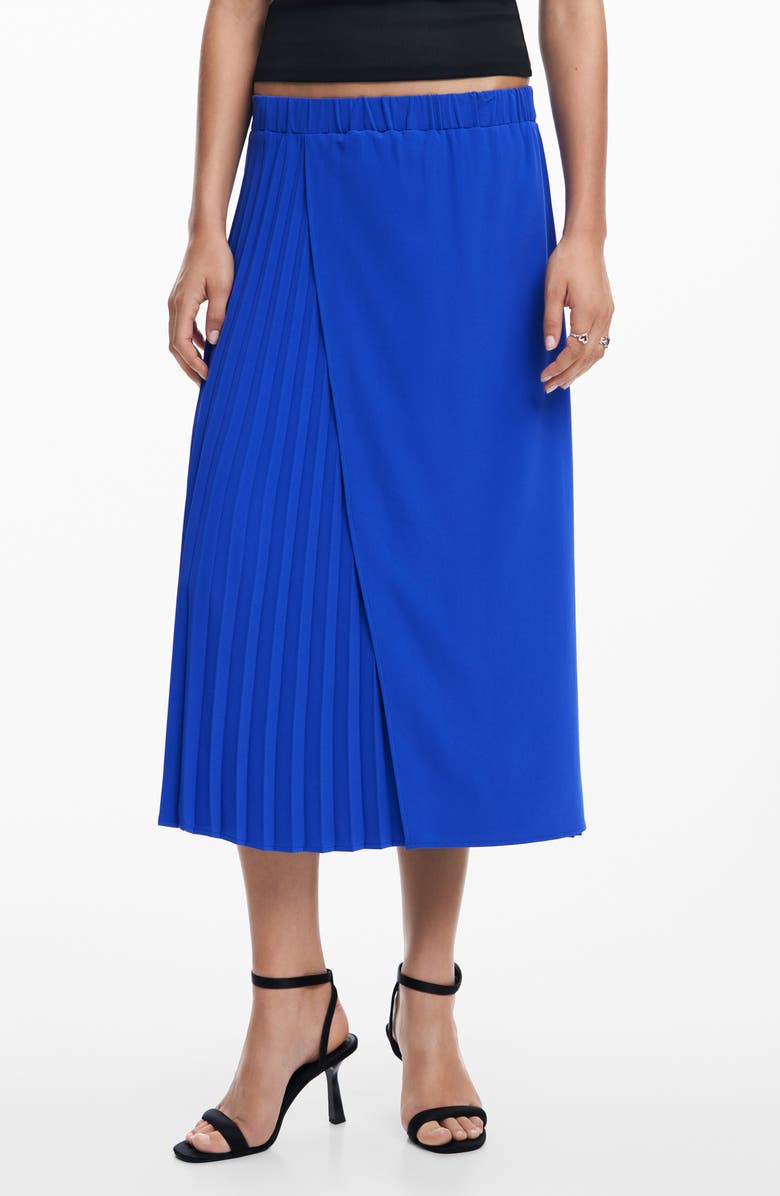 Desigual Pleated Faux Wrap Midi Skirt, Main, color, Blue