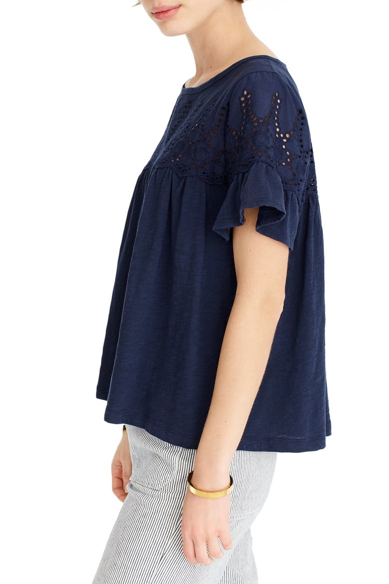 Flutter Sleeve Eyelet Babydoll Top, Alternate, color, NAVY