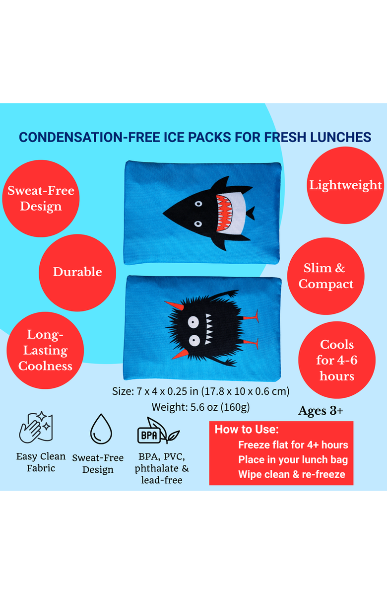 Yumbox No-Sweat Gel Ice Packs in Fabric Sleeve - 2 Pack, Alternate, color, Monster Shark