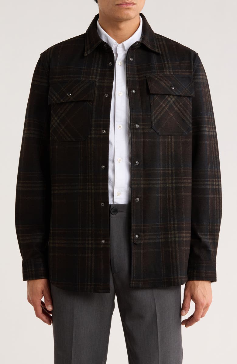 KARL LAGERFELD PARIS Plaid Ponte Snap-Up Shirt, Main, color, Brown