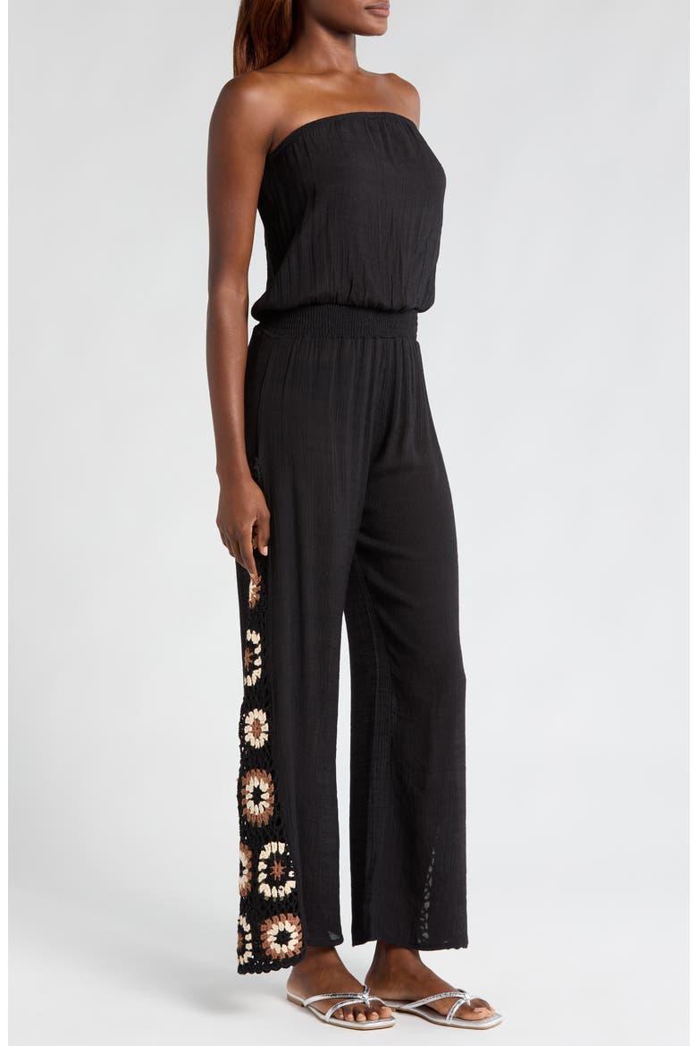 Crochet Inset Strapless Cover-Up Jumpsuit, Alternate, color, BLACK MULTI