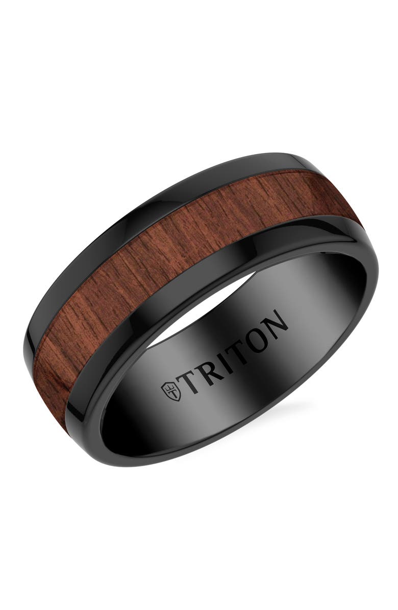 Triton 8MM Contemporary Black Tungsten Carbide Ring with Walnut Woode Inlay Center and Polished Dome Edge Profile, Main, color, 