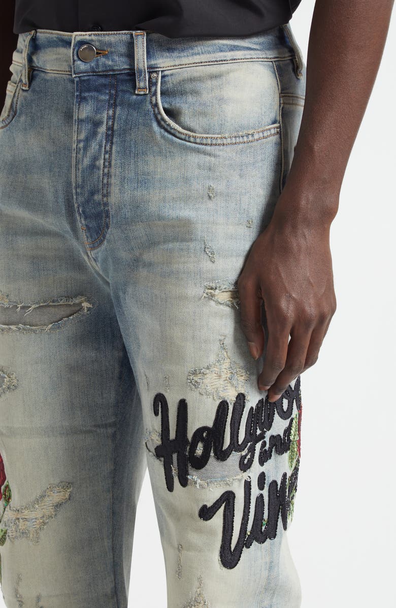 AMIRI Floral Embroidered Repaired Jeans, Alternate, color, Antique Indigo