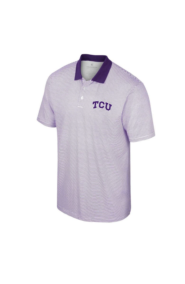 COLOSSEUM Men's Colosseum White/Purple TCU Horned Frogs Print Stripe Polo, Alternate, color,