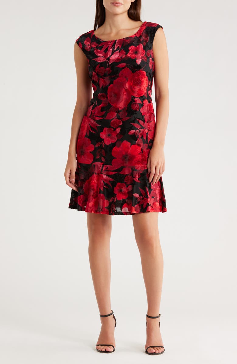 Connected Apparel Velvet Burnout Midi Dress, Main, color, Red