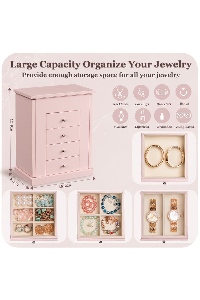 Standing Jewelry Armoire with Lid Mirror, Alternate, color, Pink