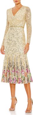 Mac Duggal Faux Wrap Long Sleeve Tea Length Dress