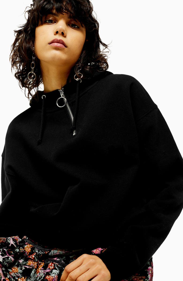 Topshop Quarter-Zip Hooded Sweatshirt, Alternate, color, 