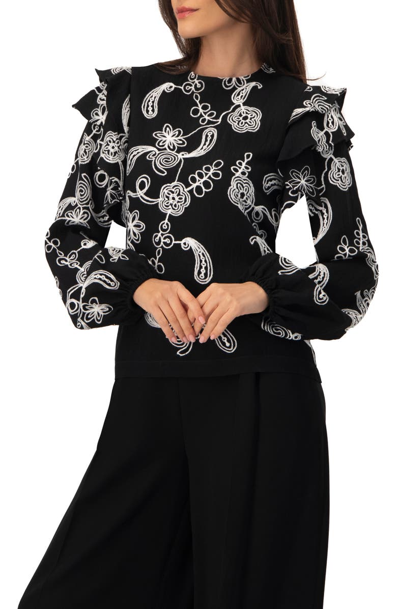IVONNE Blouse with White Embroidery and Ruffle Detail, Alternate, color, Black