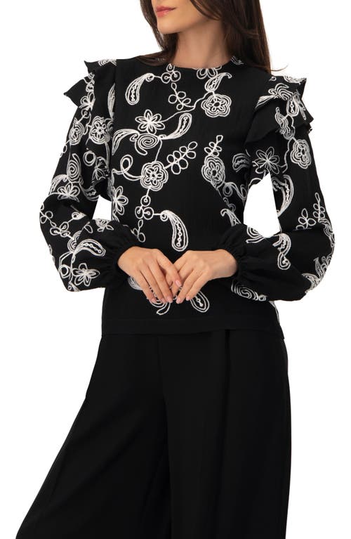 Ivonne Blouse With White Embroidery And Ruffle Detail In Black