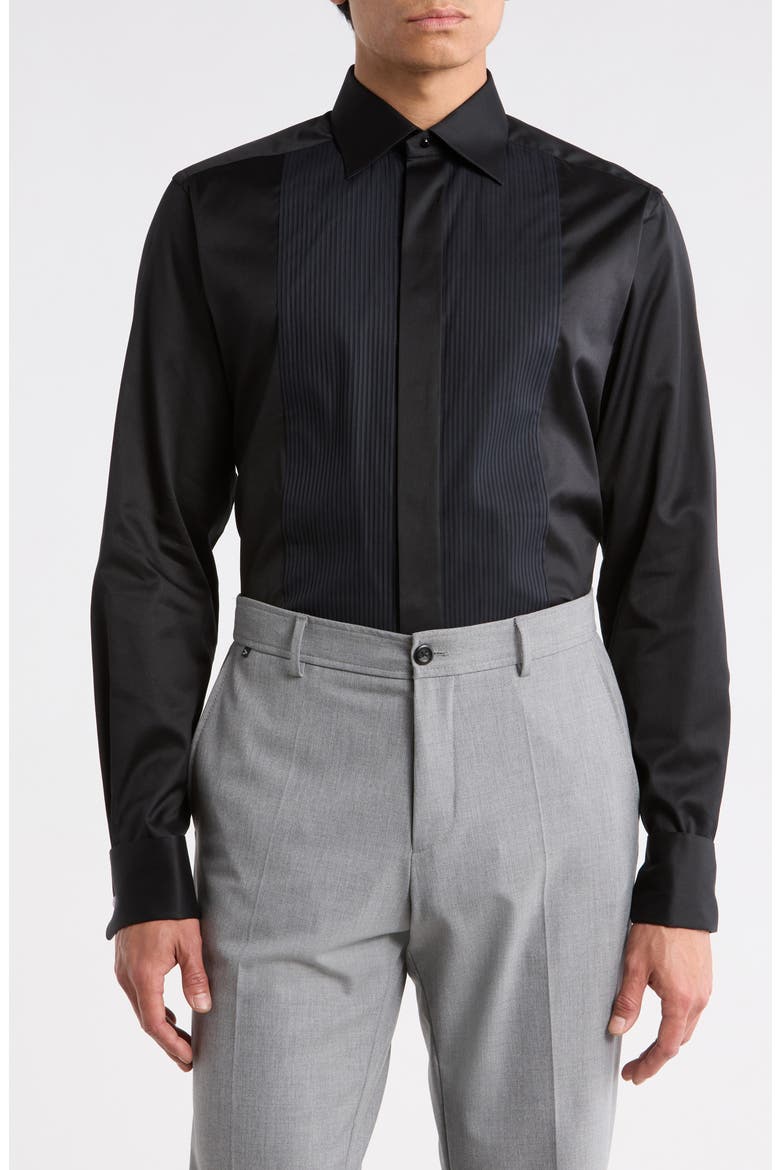 Contemporary Fit Pleated Bib Front Dress Shirt, Main, color, BLACK