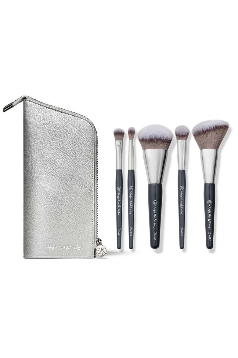 Angie Hot & Flashy Travel Brush Set with Pouch, Main, color, Grey