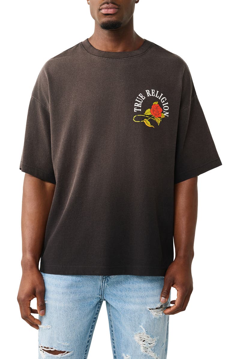 True Religion Oversize Floral Snake Graphic T-Shirt, Main, color, Jet Black