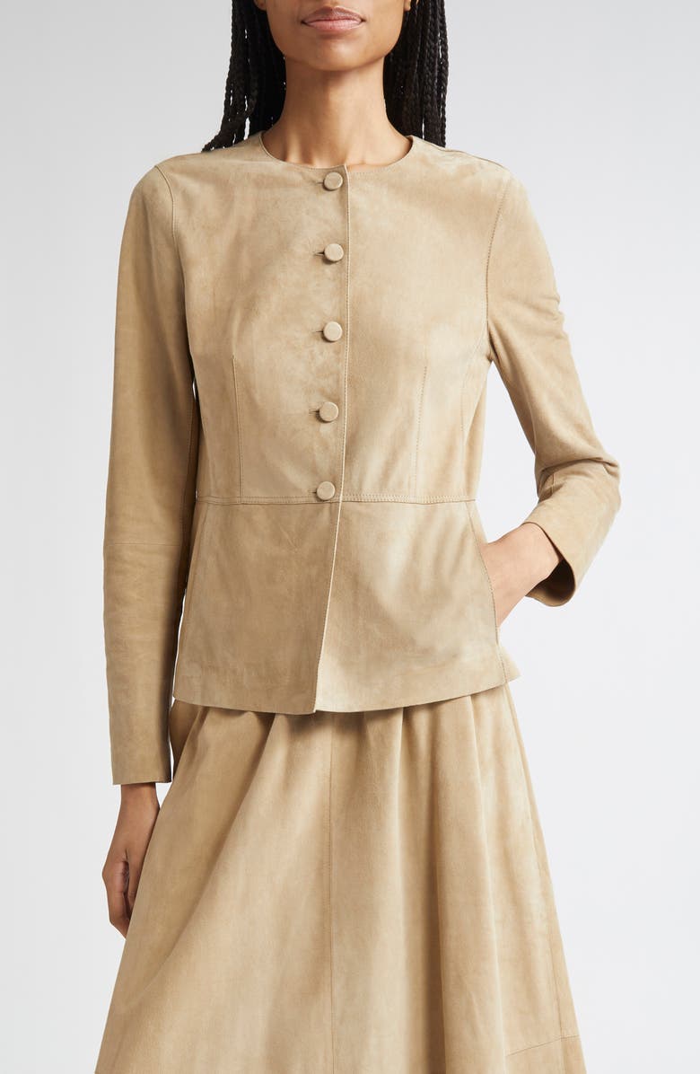 Lafayette 148 New York Peplum Paperfine Suede Jacket, Main, color, Clay