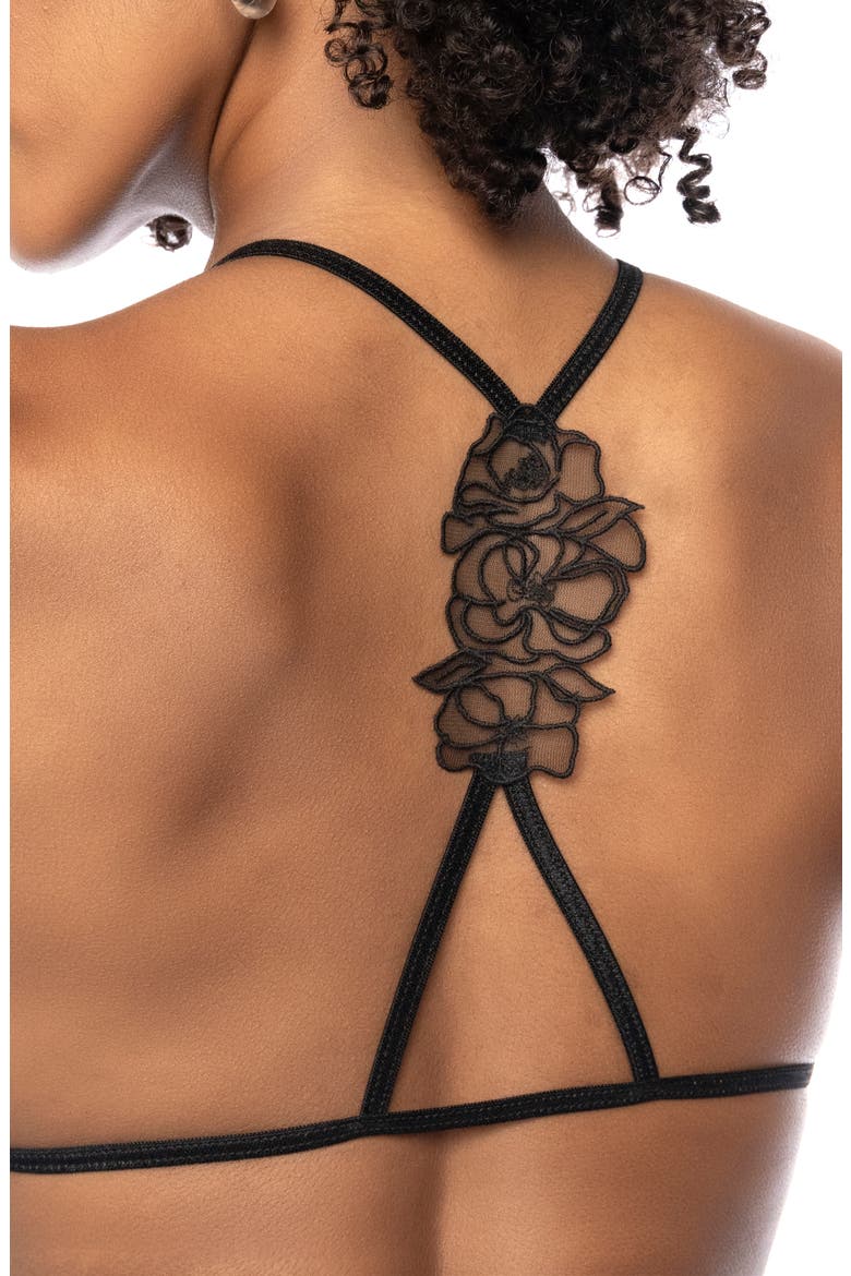 Appliqué Mesh Bra, Gater Belt & G-String, Alternate, color, BLACK