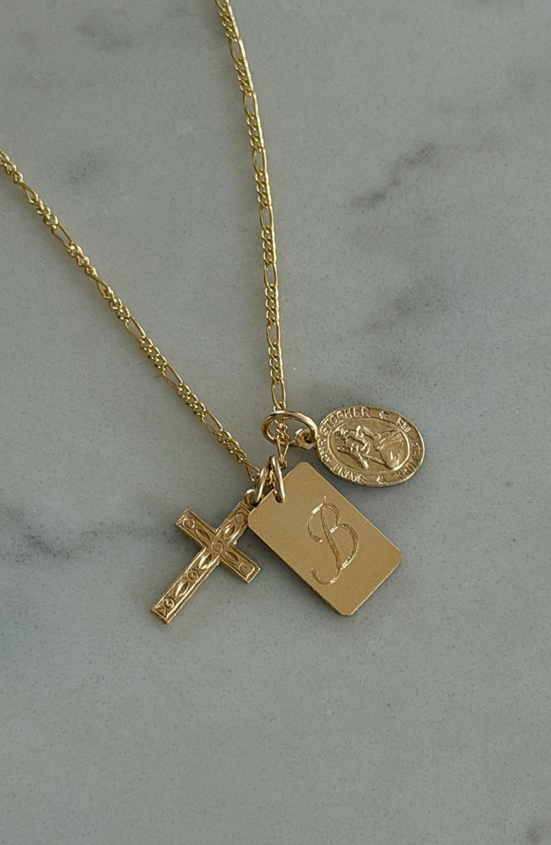 CUFFED BY NANO Custom Initial St. Christopher Protection 14k Gold Filled Necklace, Alternate, color, Gold E