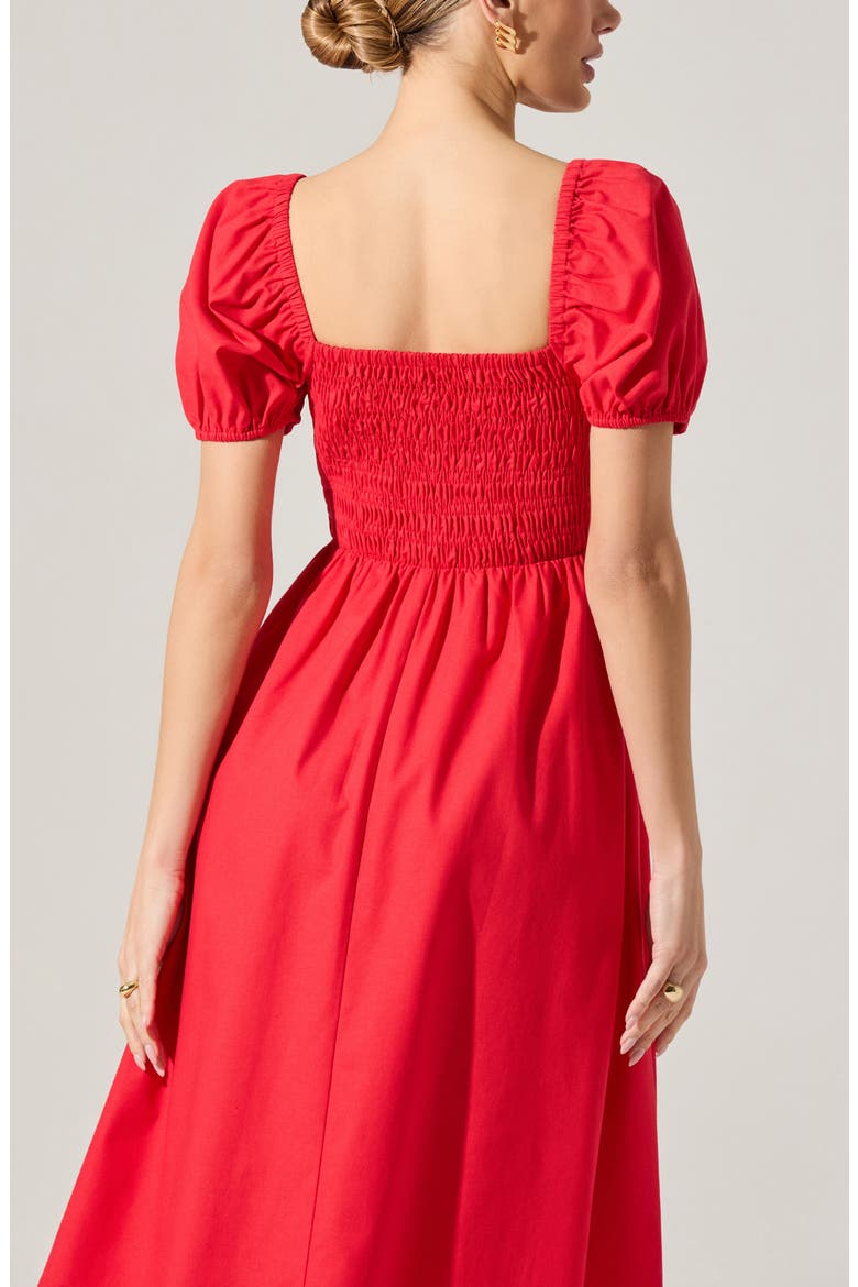 Bow Detail Smock Bodice Cotton Blend Dress, Alternate, color, RED