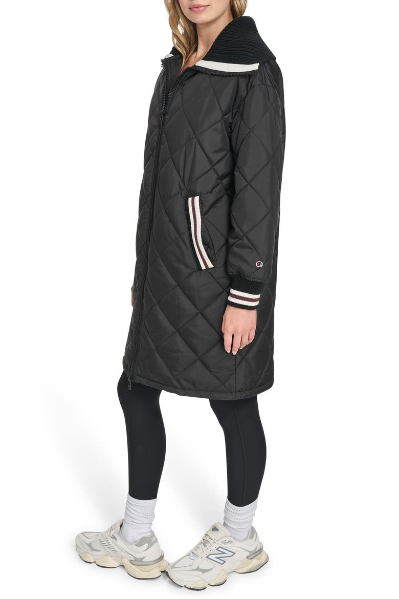 Diamond Quilted Faux Shearling Lined Coat, Alternate, color, BLACK