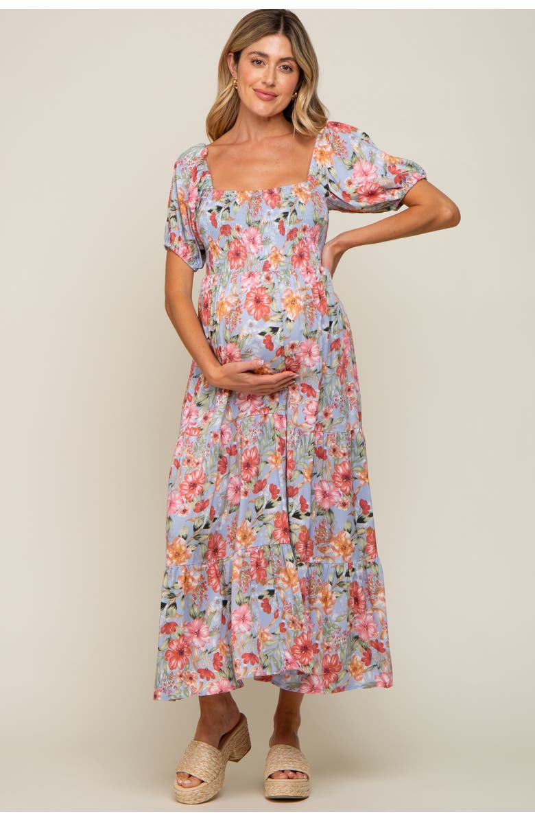 PinkBlush Floral Smocked Square Neck Tiered Maxi Dress, Main, color, Blue