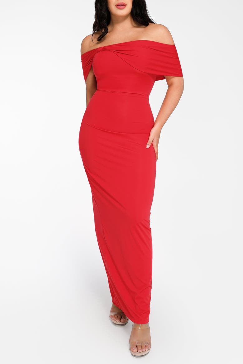 Built In Shapewear Off the Shoulder Column Midi Dress, Alternate, color, Ruby