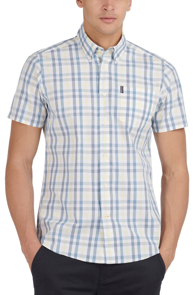 Tailored Fit Tattersall Short Sleeve Button-Down Shirt, Main, color, AQUA