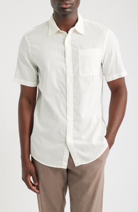 Short Sleeve Dobby Stripe Cotton Button-Up Shirt