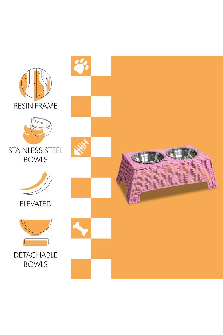 Serenity 6.9" Small/Medium Elevated Wicker Pet Feeder with 18oz (2.2 Cups) 2-Stainless Steel Bowls, Alternate, color, Pink