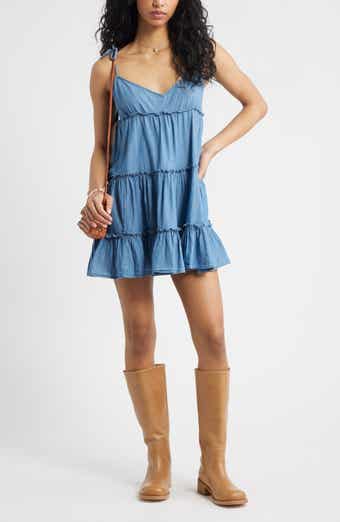 BP. Tie Strap Tiered Denim Minidress