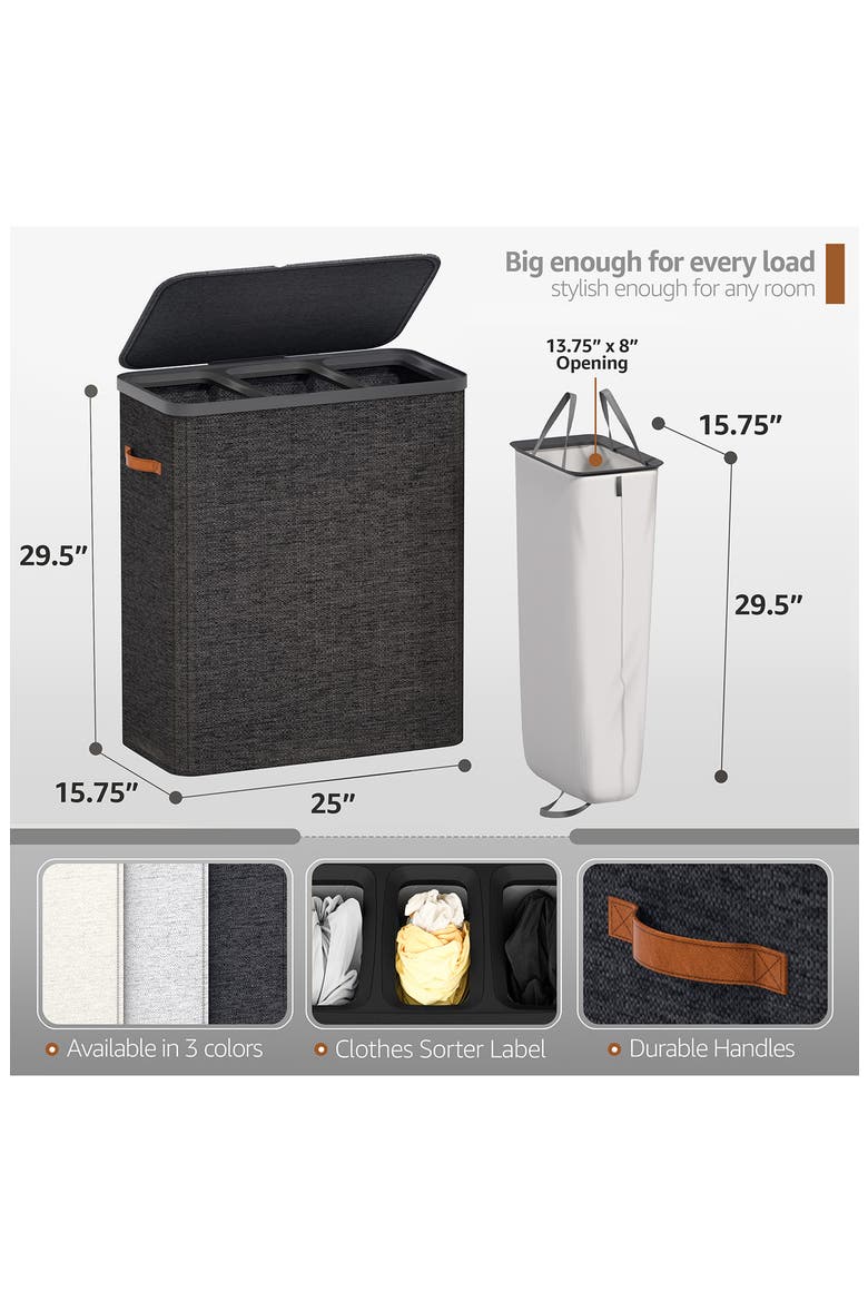 3-Compartment Laundry Basket, Alternate, color, BLACK