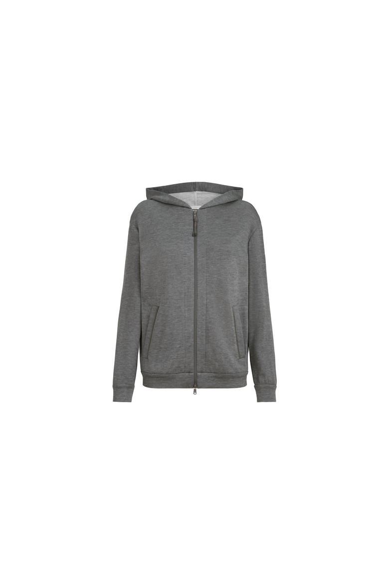 Cotton and silk interlock hooded sweatshirt with precious zipper pull, Alternate, color, Dark Grey