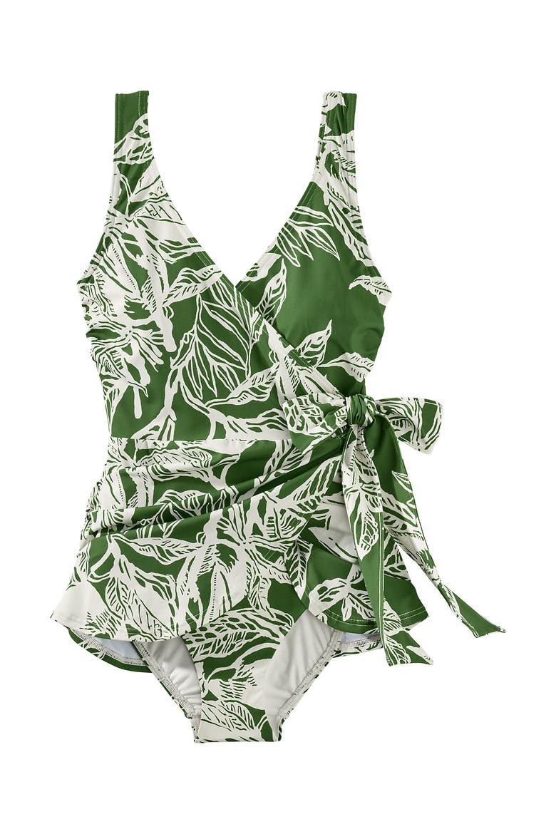 Side Tie Mini Swim Dress Swimsuit, Alternate, color, Fusion Green Etched Leaves