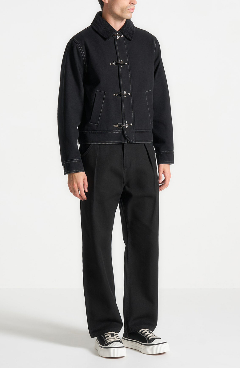 Manière De Voir Nino Clasp Detail Contrast Stitch Gabardine Jacket, Alternate, color, Black