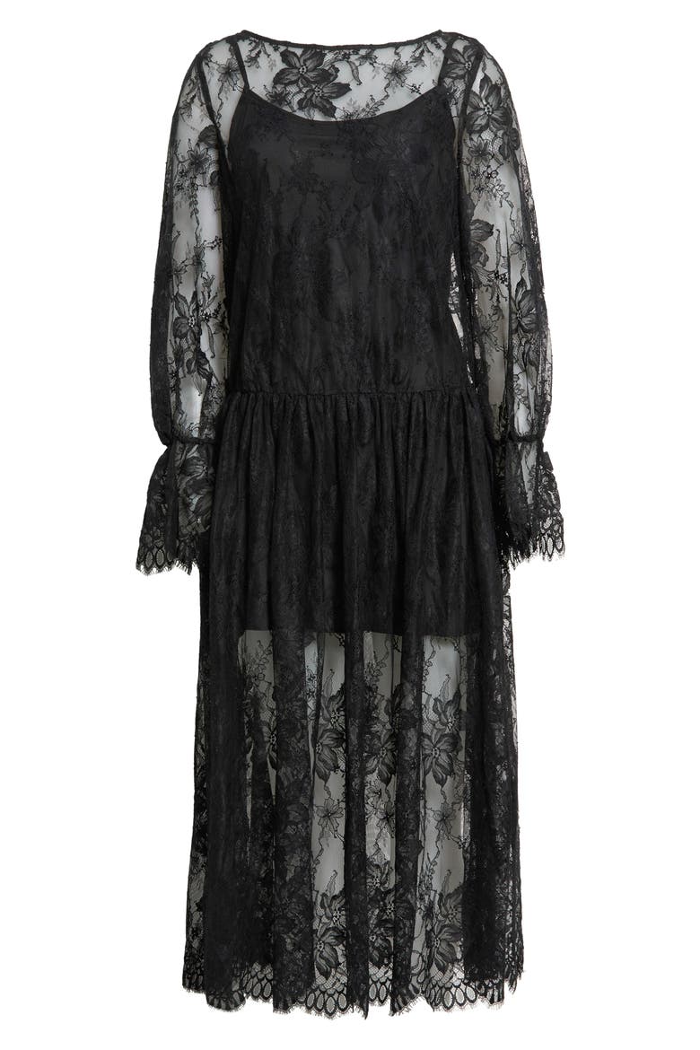Lace Long Sleeve Drop Waist Midi Dress, Alternate, color, BLACK