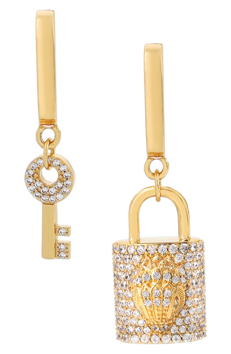 Kurt Geiger London Pavé Crystal Lock & Key Mismatched Huggie Drop Earrings, Main, color, 