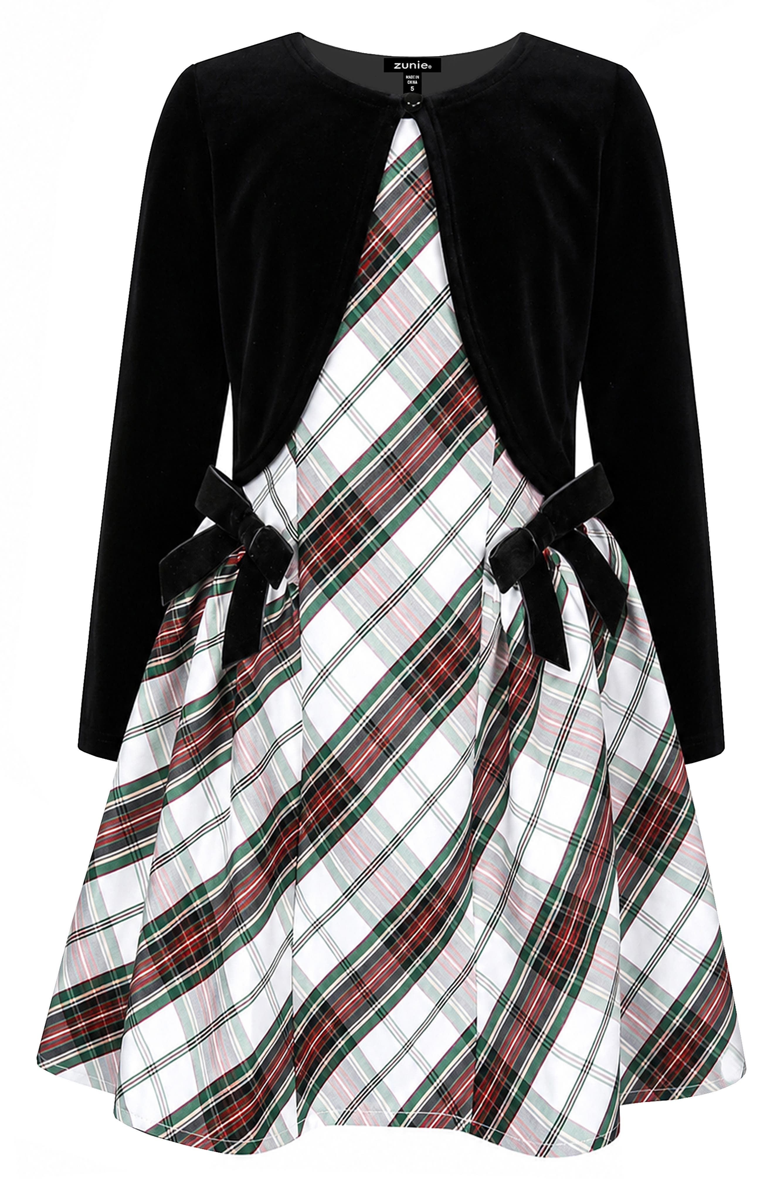 Kids' Plaid Dress & Velvet Cardigan Set