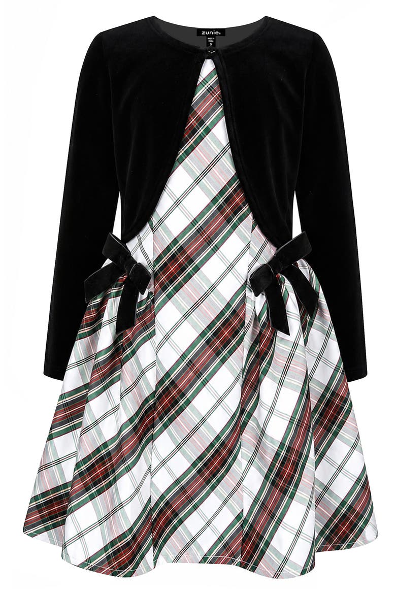Kids' Plaid Dress & Velvet Cardigan Set, Main, color, IVY/ BLACK RED
